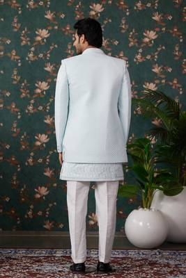 light blue computer thread work on art silk 3 piece indo western with faux satin for mens 4