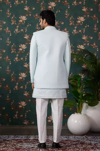 light blue computer thread work on art silk 3 piece indo western with faux satin for mens
