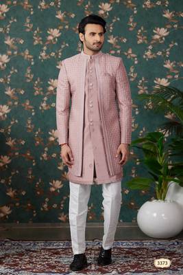 light pink computer thread work on art silk 3 piece indo western with faux satin for mens 1