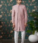 light pink computer thread work on art silk 3 piece indo western with faux satin for mens