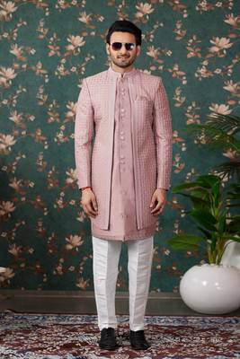 light pink computer thread work on art silk 3 piece indo western with faux satin for mens 2