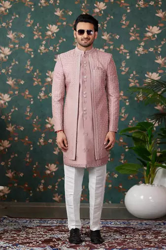 light pink computer thread work on art silk 3 piece indo western with faux satin for mens