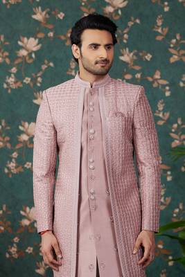 light pink computer thread work on art silk 3 piece indo western with faux satin for mens 3