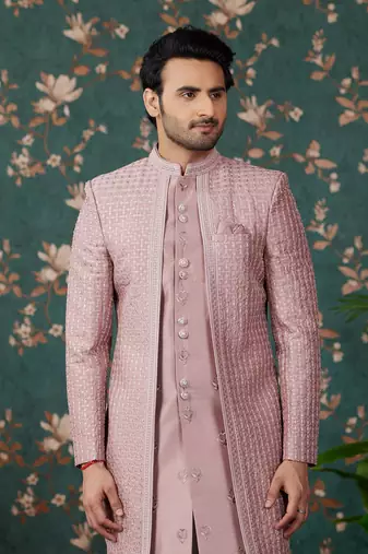 light pink computer thread work on art silk 3 piece indo western with faux satin for mens