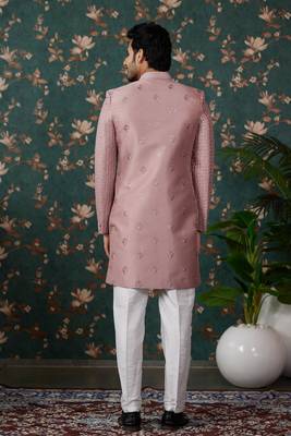 light pink computer thread work on art silk 3 piece indo western with faux satin for mens 4