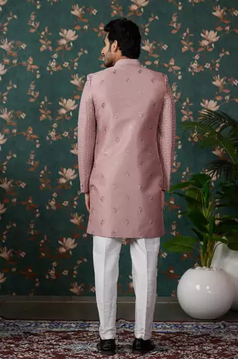 light pink computer thread work on art silk 3 piece indo western with faux satin for mens