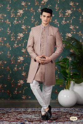light brown computer thread work on art silk 3 piece indo western with faux satin for mens 1