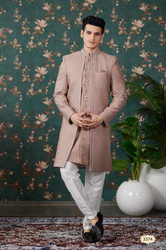 light brown computer thread work on art silk 3 piece indo western with faux satin for mens