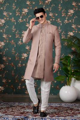light brown computer thread work on art silk 3 piece indo western with faux satin for mens 2