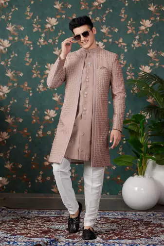light brown computer thread work on art silk 3 piece indo western with faux satin for mens