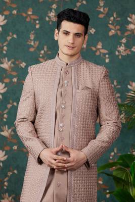 light brown computer thread work on art silk 3 piece indo western with faux satin for mens 3