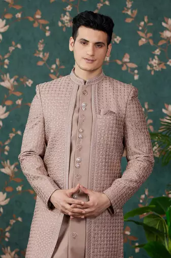 light brown computer thread work on art silk 3 piece indo western with faux satin for mens
