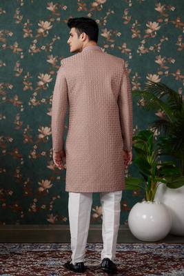 light brown computer thread work on art silk 3 piece indo western with faux satin for mens 4