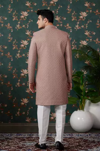 light brown computer thread work on art silk 3 piece indo western with faux satin for mens