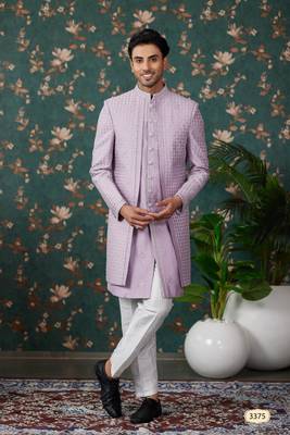 light purple computer thread work on art silk 3 piece indo western with faux satin for mens 1