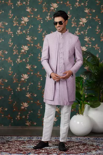 light purple computer thread work on art silk 3 piece indo western with faux satin for mens