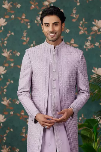 light purple computer thread work on art silk 3 piece indo western with faux satin for mens