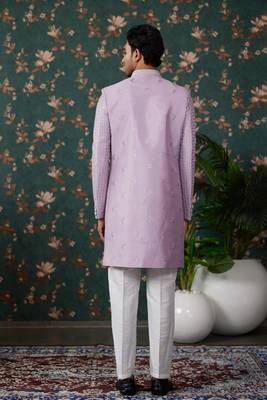 light purple computer thread work on art silk 3 piece indo western with faux satin for mens 4