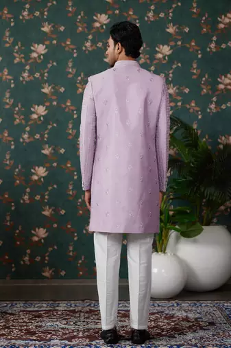 light purple computer thread work on art silk 3 piece indo western with faux satin for mens