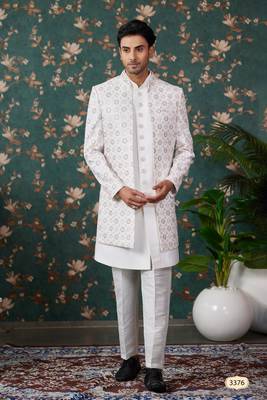 white computer thread work on art silk 3 piece indo western with faux satin for mens 1
