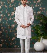 White computer thread work on art silk 3 piece indo western with faux satin for mens