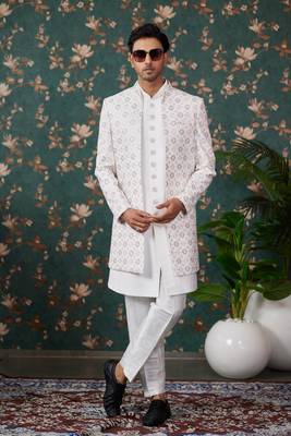 white computer thread work on art silk 3 piece indo western with faux satin for mens 2