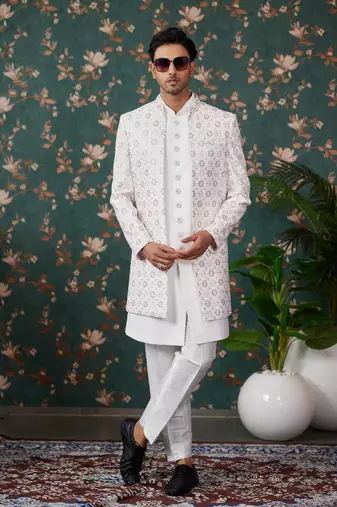 white computer thread work on art silk 3 piece indo western with faux satin for mens
