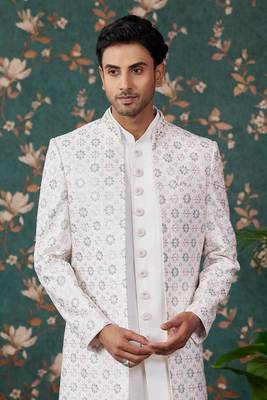 white computer thread work on art silk 3 piece indo western with faux satin for mens 3