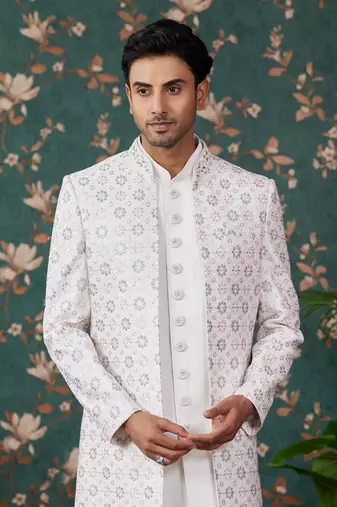 white computer thread work on art silk 3 piece indo western with faux satin for mens