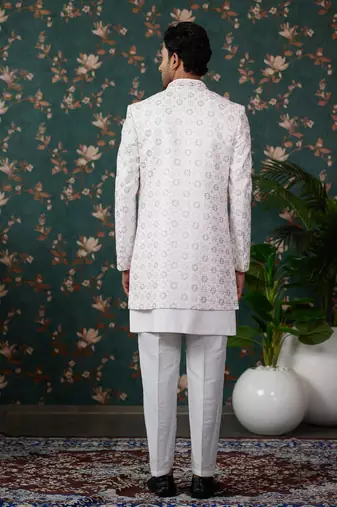 white computer thread work on art silk 3 piece indo western with faux satin for mens