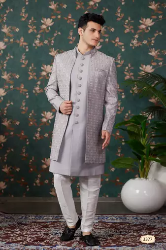 grey computer thread work on art silk 3 piece indo western with faux satin for mens