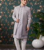 grey computer thread work on art silk 3 piece indo western with faux satin for mens