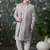 grey computer thread work on art silk 3 piece indo western with faux satin for mens