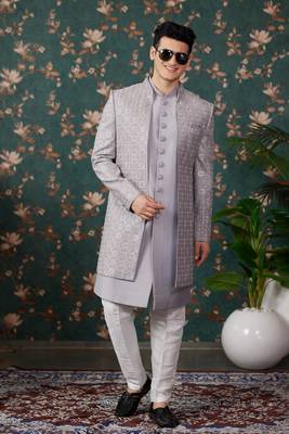 grey computer thread work on art silk 3 piece indo western with faux satin for mens 2
