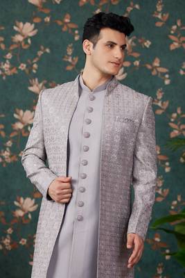 grey computer thread work on art silk 3 piece indo western with faux satin for mens 3
