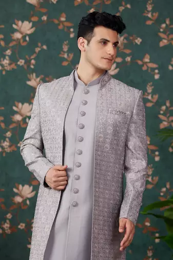 grey computer thread work on art silk 3 piece indo western with faux satin for mens