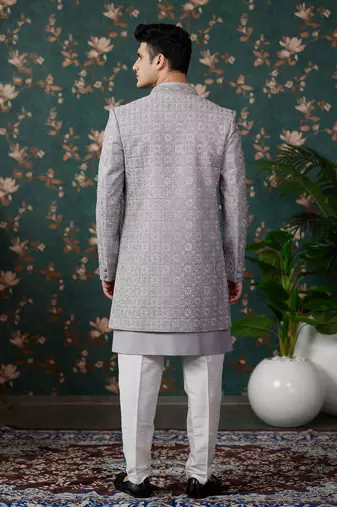 grey computer thread work on art silk 3 piece indo western with faux satin for mens