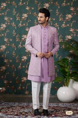 light purple computer thread work on art silk 3 piece indo western with faux satin for mens 1