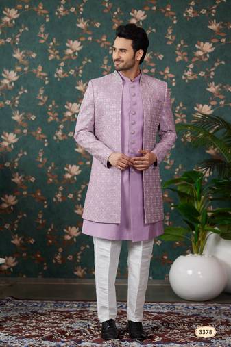 light purple computer thread work on art silk 3 piece indo western with faux satin for mens