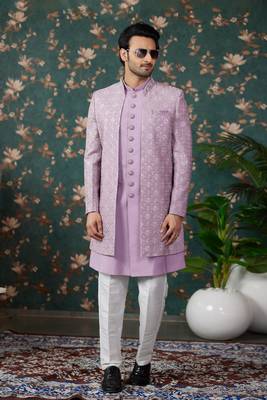 light purple computer thread work on art silk 3 piece indo western with faux satin for mens 3