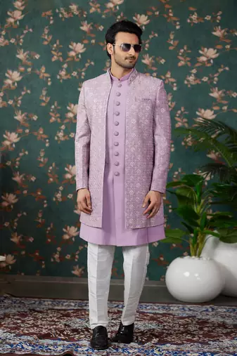 light purple computer thread work on art silk 3 piece indo western with faux satin for mens