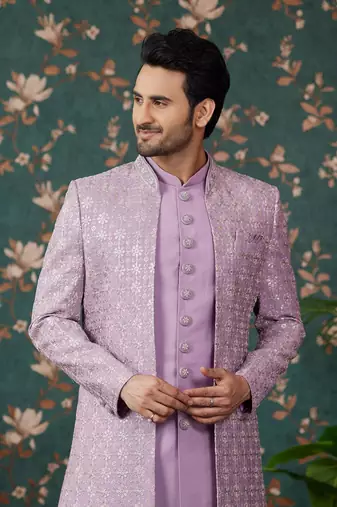 light purple computer thread work on art silk 3 piece indo western with faux satin for mens