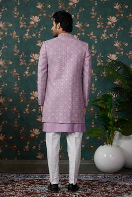 light purple computer thread work on art silk 3 piece indo western with faux satin for mens 5