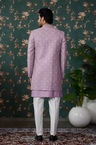 light purple computer thread work on art silk 3 piece indo western with faux satin for mens