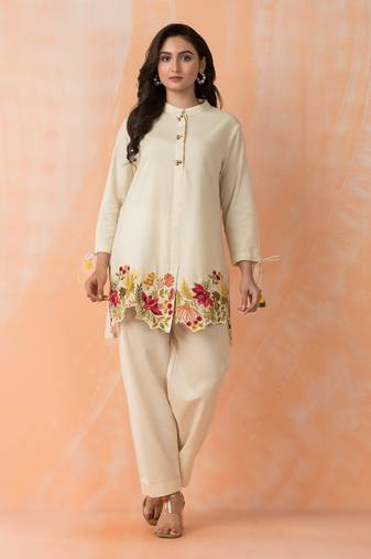 Beige printed cotton raya angel co ord sets