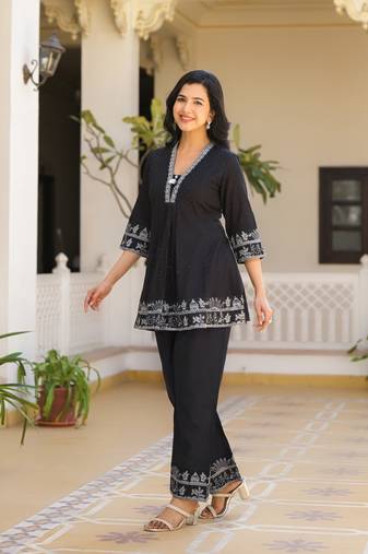 Black embroidered cotton raya angel co ord sets