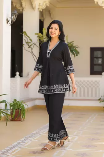 Black embroidered cotton raya angel co ord sets