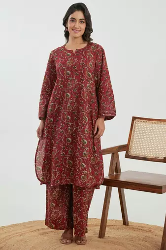 Red printed cotton raya angel co ord sets
