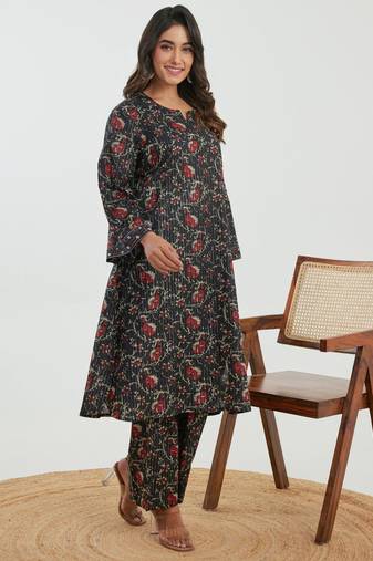 Black printed cotton raya angel co ord sets