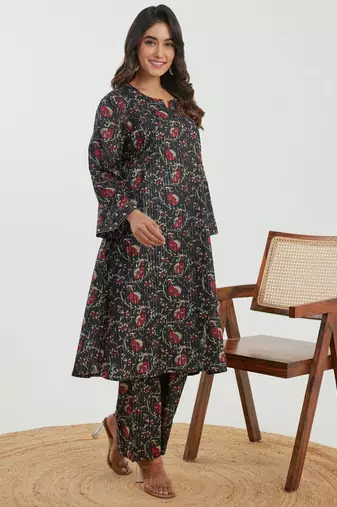 Black printed cotton raya angel co ord sets